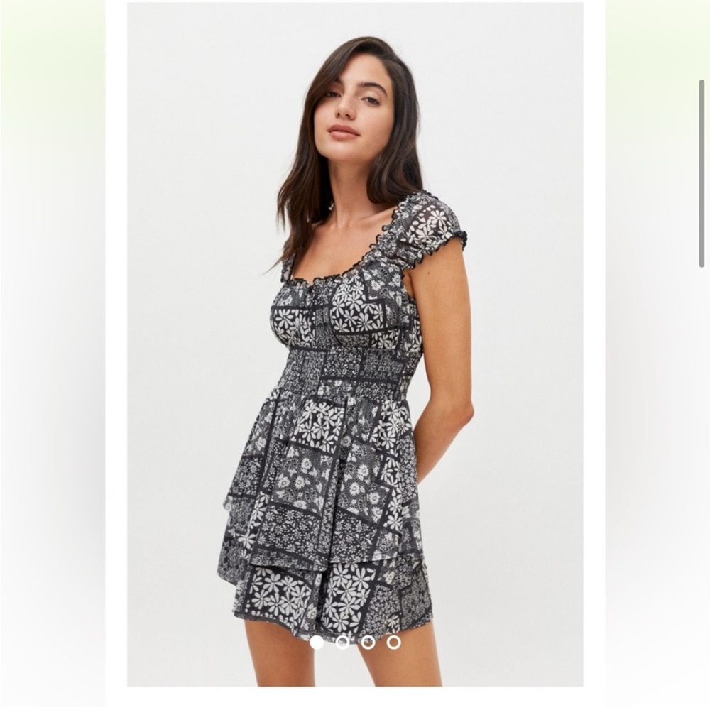 NWT Urban Outfitters Rosie Smocked Tiered Ruffle Romper Black Multi Sz S